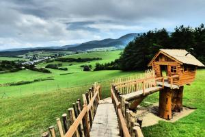 a tree house on a wooden bridge in a field at Rekreačné zariadenie Chmelisko in Pružina