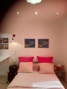 a bedroom with a bed with two red pillows at Rive gauche in Cuffies
