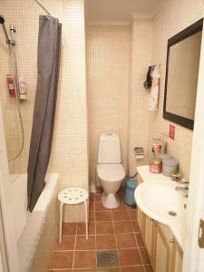a bathroom with a toilet and a tub and a sink at The City Centre Apartment Turku in Turku +21 photos