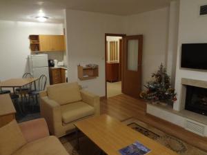a living room with a christmas tree and a living room at Deluxe Apartments in Pamporovo