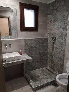 a bathroom with a shower and a sink and a toilet at Anna Studios in Mariaí