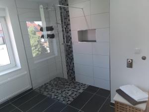 y baño con ducha y puerta de cristal. en Ferienwohnung Künne, en Gevensleben