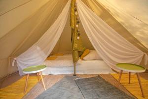 a tent with two chairs and a bed in it at Into the Green Glamping - Chestnut in Markt Nordheim