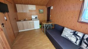 a living room with a couch and a small kitchen at Agroturystyka Domki Eden in Sarbinowo