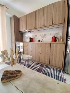 a kitchen with wooden cabinets and a rug in a room at Nefeli in Livadi