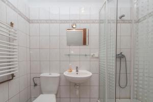 a bathroom with a toilet and a sink and a shower at Dom Gościnny na Górce in Leszczewek +54 photos