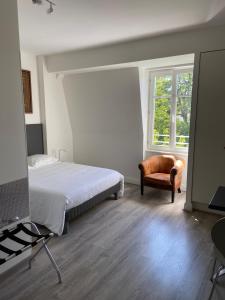 - une chambre avec un lit, une chaise et une fenêtre dans l'établissement La Résidence de l'Orangerie, à Strasbourg