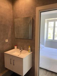 a bathroom with a sink and a bed and a window at La Résidence de l'Orangerie in Strasbourg