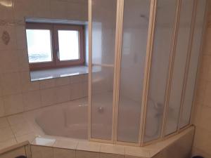 a bathroom with a shower and a tub with a window at Ferienhaus Turba in Bivio