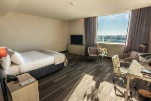 a hotel room with a bed and a desk and a tv at MDS Hotel Chillan in Chillán