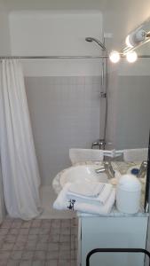 a bathroom with a sink and a shower with towels at Guéraçague Etcheverry Garaya in Saint-Jean-Pied-de-Port