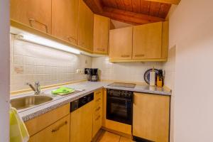 eine kleine Küche mit Holzschränken und einem Waschbecken in der Unterkunft Petrushof Ferienwohnung Vogelspitz in Oberwössen