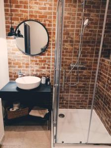 a bathroom with a shower and a sink and a mirror at Apartment Dubnica Prejta 3 in Dubnica nad Váhom