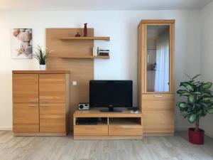 シュタインにあるSteiner Strandappartements Appartement 101 Seeseiteのリビングルーム(木製キャビネット上のテレビ付)