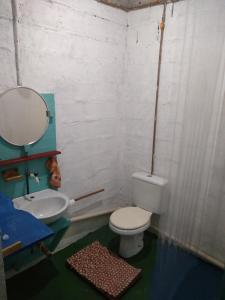 a bathroom with a toilet and a sink and a mirror at Hostel Vista Verde in Paraty