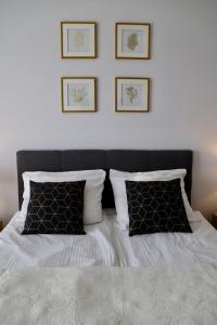 um quarto com uma cama branca e 2 almofadas em Apartament Gdańsk Baltica Towers 7floor em Gdansk