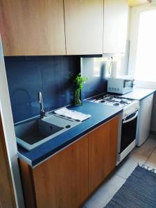 a kitchen with a sink and a stove at Lora Apartman in Nyíregyháza