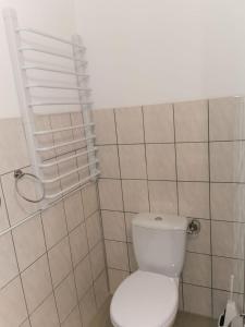 a bathroom with a toilet and a white tiled wall at Hotel-Residenz Oberurseler Hof in Oberursel