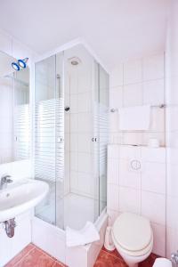 a bathroom with a shower and a toilet and a sink at Ring Hotel in Wiesbaden