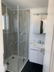 
a bathroom with a shower, sink, and toilet at STRAND 21 hotelchalets in Zandvoort
