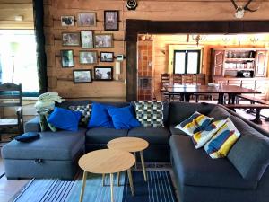 a living room with a blue couch and a table at Szczęśliwisko in Różanów