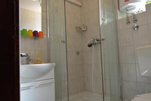 a shower with a glass door next to a sink at Apartment Bakarić in Veli Lošinj