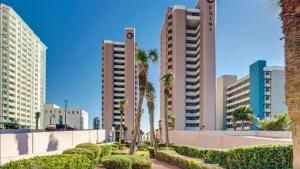 a city with tall buildings and palm trees at Lifes a beach on Myrtle Beach in Myrtle Beach