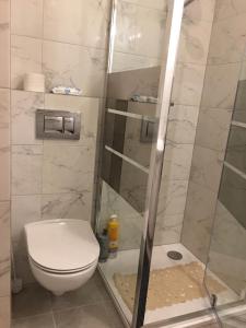 uma casa de banho com um WC e um chuveiro em Travel Apartment em Varsóvia