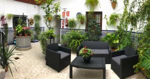 a patio with chairs and plants in a building at Hostal Mellizo in Lebrija