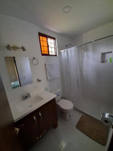 La salle de bains est pourvue de toilettes, d'un lavabo et d'une douche. dans l'établissement Finca Villa Elenita, à Sasaima