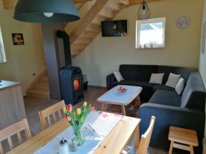 a living room with a couch and a wood stove at Domki pod Derkaczem in Radków