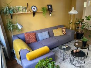 un divano blu in soggiorno con piante di Juuls B&B a Delft