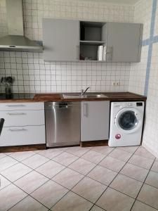 eine Küche mit einer Spüle und einer Waschmaschine in der Unterkunft FEWO-ATLANTA Reinhardshausen in Reinhardshausen