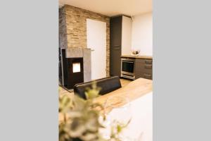 a kitchen and dining room with a table and a fireplace at The Cozy Studio Apartment Lauf in Lauf an der Pegnitz