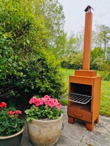 an outdoor grill with two potted plants and flowers at ''Op Stok" in Bergen