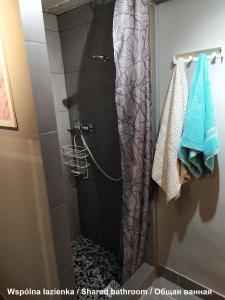 y baño con ducha y cortina de ducha. en Olive Hostel, en Gdansk