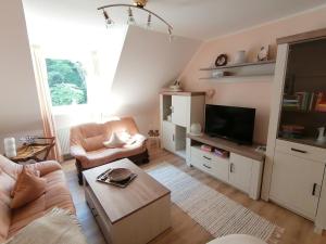 a living room with a couch and a tv at Moni's Ferienwohnung in Bad Bertrich