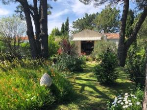 a garden with trees and flowers in front of a house at Villa L'enclos Des Lys in Saint-Georges-dʼOléron