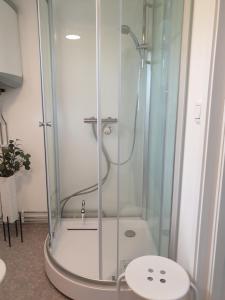 prysznic ze szklaną obudową w łazience w obiekcie Humlegarden lake cottage, Horn w mieście Horn