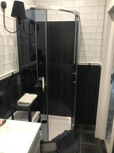 una doccia con una porta in vetro in un bagno di Przy Rynku Black and White a Tarnowskie Góry Altre 9 foto