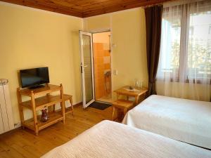 Habitación de hotel con 2 camas y TV en Bobi Guest House en Koprivshtitsa