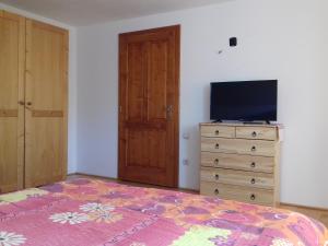 a bedroom with a bed and a television on a dresser at Casa din prund Ocolis in Ocoliş +15 photos