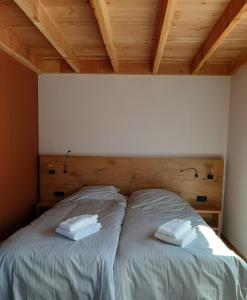 2 Einzelbetten in einem Zimmer mit Holzdecken in der Unterkunft Slaperij Salud! Studios & appartementen in Scharendijke