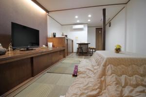 ein Hotelzimmer mit einem TV und einem Bett in der Unterkunft Funhouse Katsuragawa in Kyoto