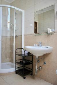 a bathroom with a sink and a shower at Hotel Alex in Sankt Kanzian