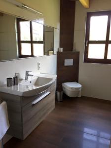 a bathroom with a sink and a toilet and a mirror at LaVita in Lengerich