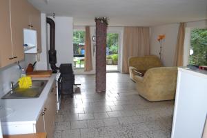 eine Küche und ein Wohnzimmer mit einem Sofa und einem Tisch in der Unterkunft U Dubu in Tábor