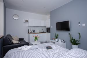 a bedroom with a bed and a couch and a tv at Apartamenty AP 12 in Częstochowa