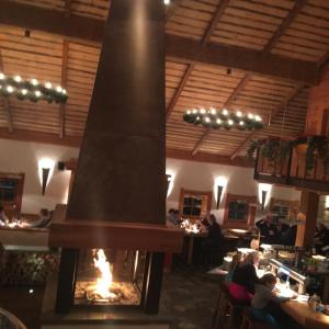 a fireplace in the dining room of a restaurant at Kleine Harzflucht in Altenau
