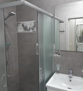 a bathroom with a shower and a sink and a mirror at Parus Smart in Lviv